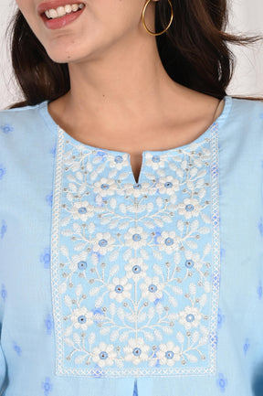 Embroidered Blue A-Line Top