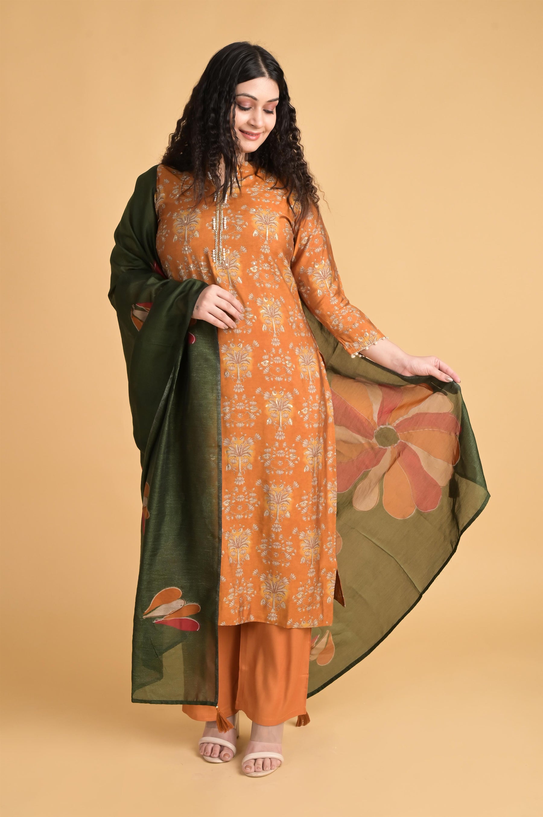 Pearl Embellished Mustard Kurta Set