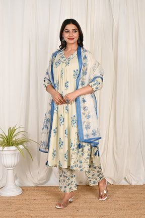 V neck panelled blue cotton kurta set