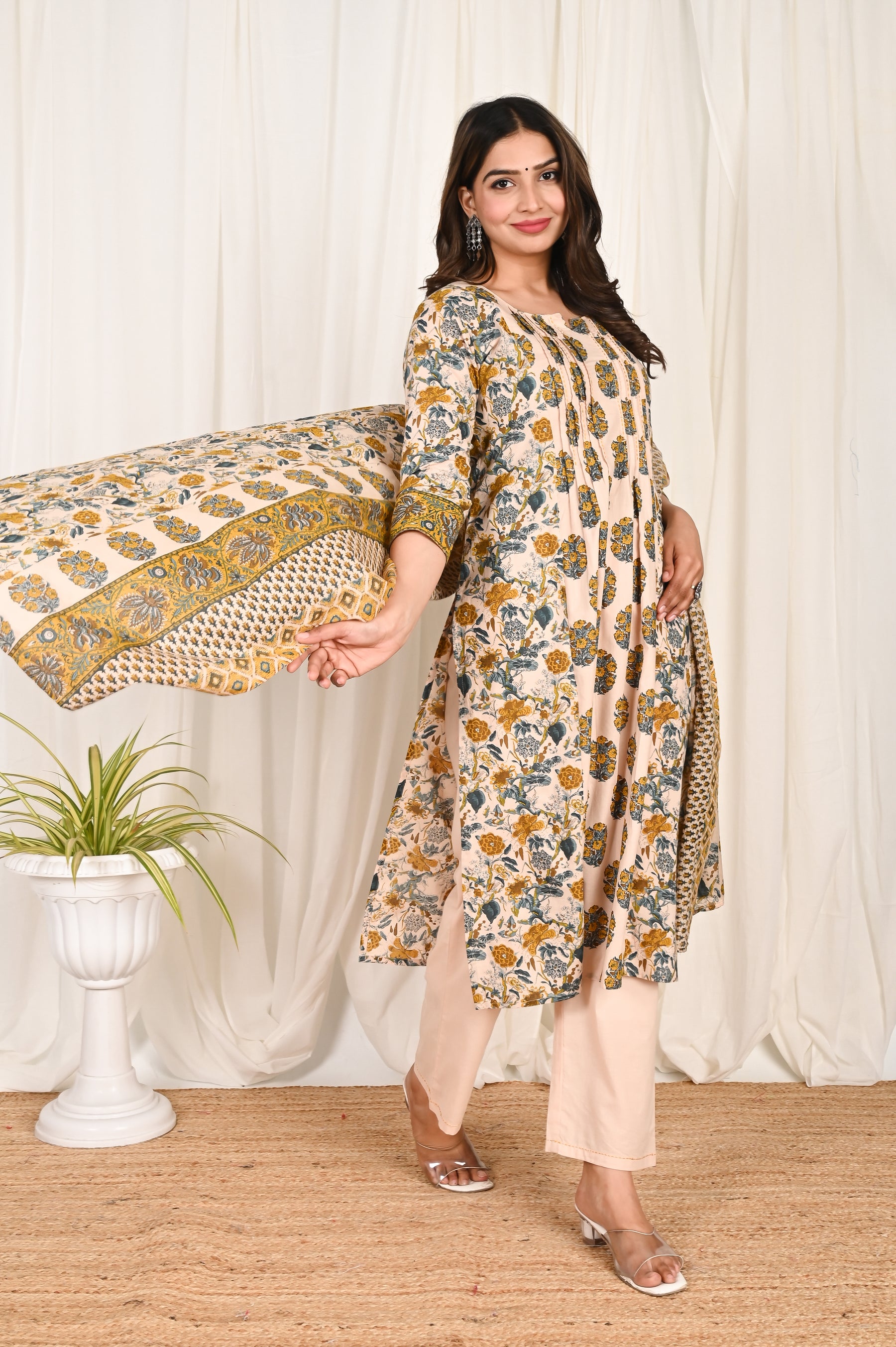 Mustard Pleated floral cotton kurta set