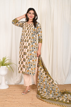 Mustard Pleated floral cotton kurta set