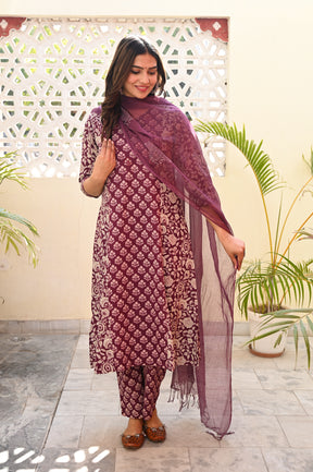 A line Panelled Purple Cotton Kurta Set