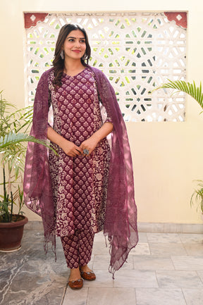 A line Panelled Purple Cotton Kurta Set