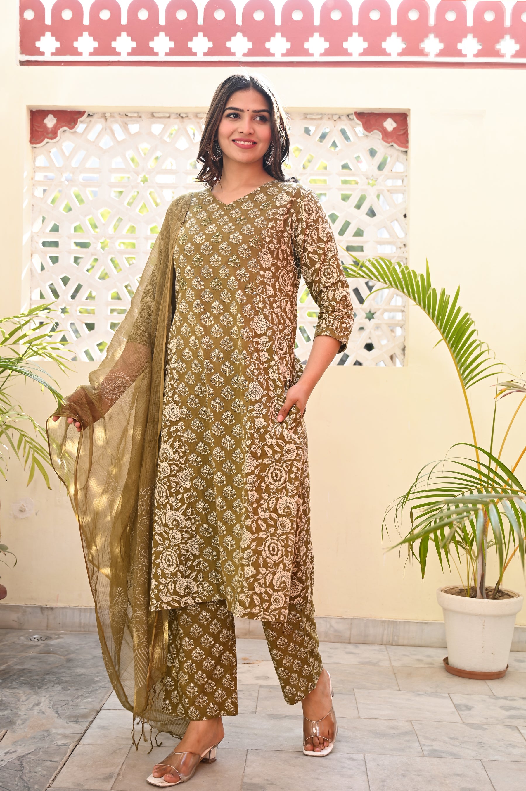 A line Panelled Green Cotton Kurta Set