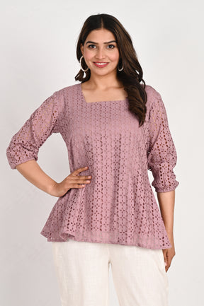 Purple square neck schiffli Top