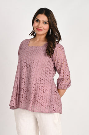 Purple square neck schiffli Top