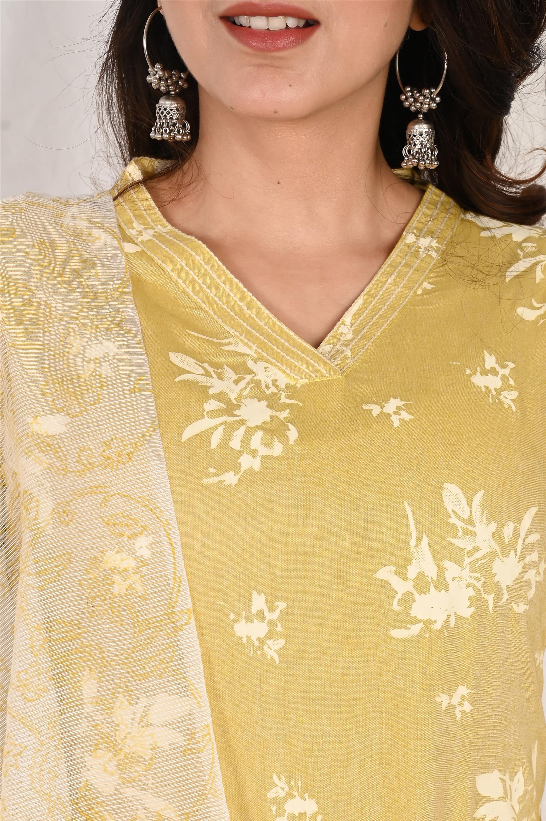 Yellow Floral Printed Kurta Set with Kota Doriya Dupatta