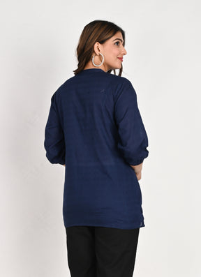 Cotton Navy Blue Pleated Top