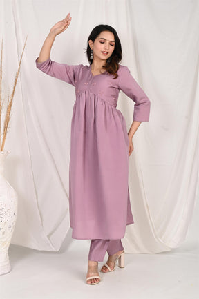 Purple V-Neck Gather Kurta Set