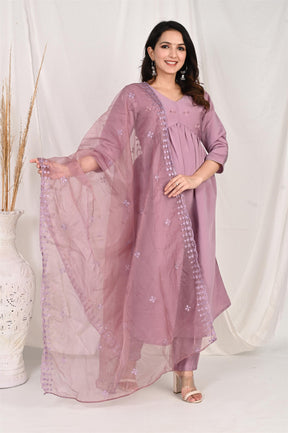 Purple V-Neck Gather Kurta Set