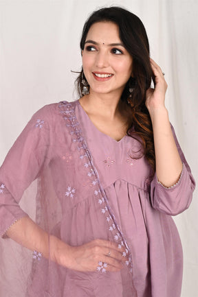 Purple V-Neck Gather Kurta Set