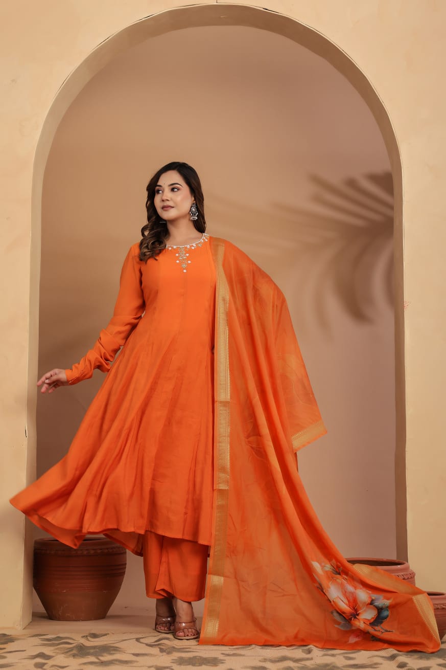 Orange Mul chanderi Flare Kurta with Printed Dupatta