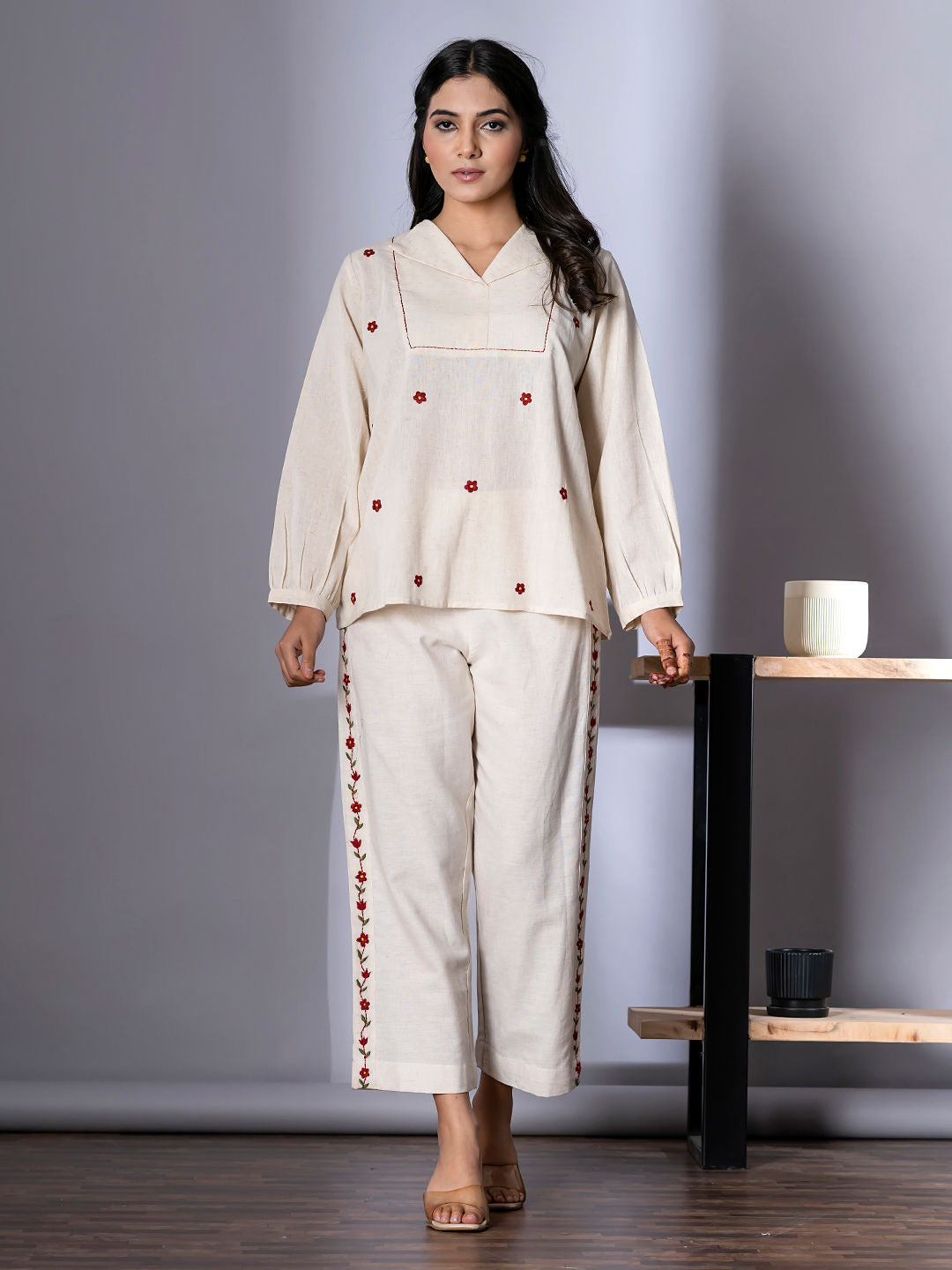 White cotton flex co-ord set with red floral embroidery