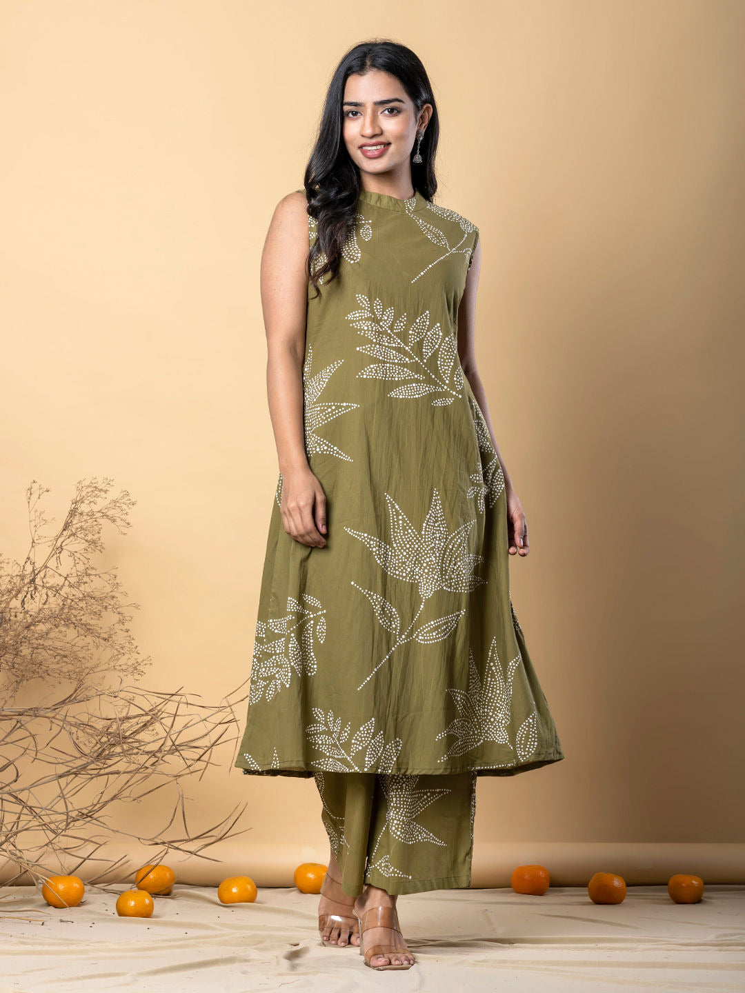 A line green cotton co-ord set with leaf motifs