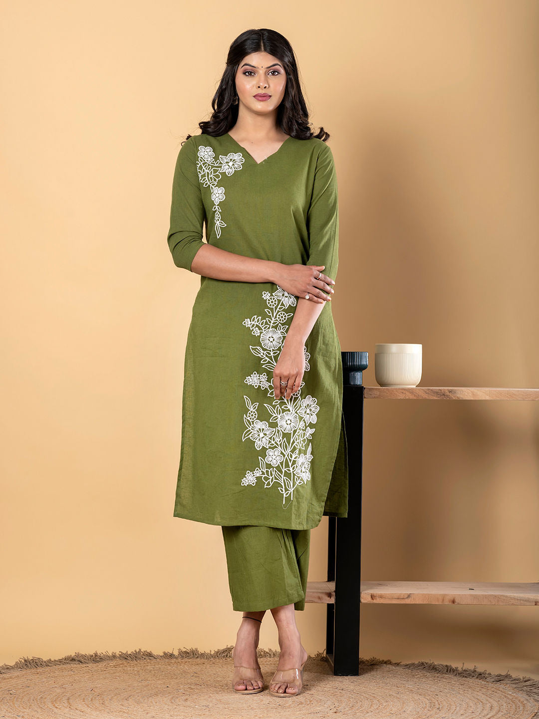 Green cotton embroidered co-ord set