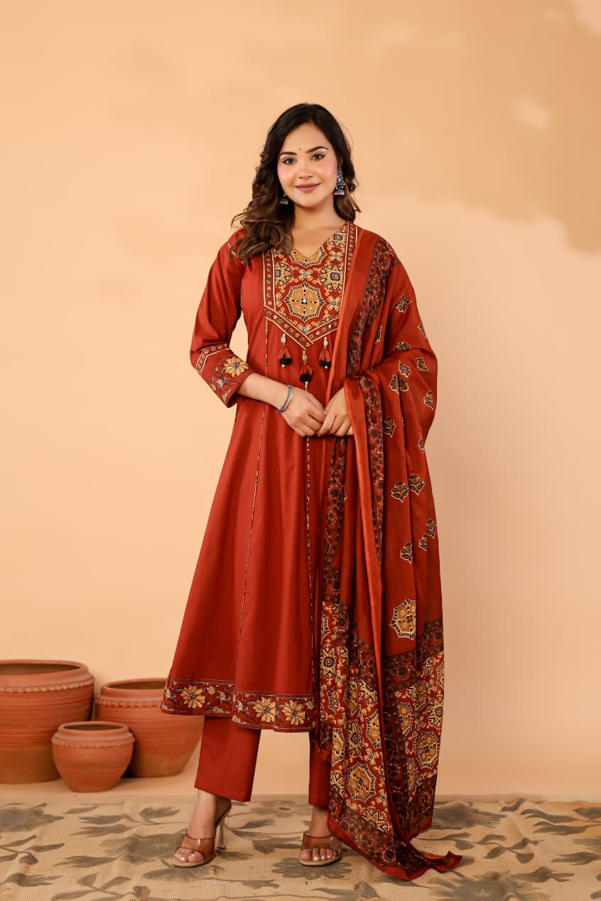 Orange Cotton Anarkali Kurta Set with Printed Dupatta