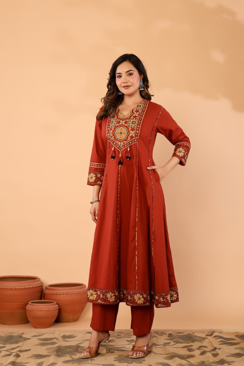 Orange Cotton Anarkali Kurta Set with Printed Dupatta