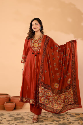 Orange Cotton Anarkali Kurta Set with Printed Dupatta