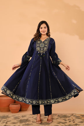 Navy Blue Cotton Anarkali Kurta Set with Printed Dupatta