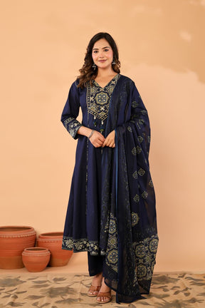 Navy Blue Cotton Anarkali Kurta Set with Printed Dupatta