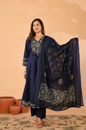 Navy Blue Cotton Anarkali Kurta Set with Printed Dupatta
