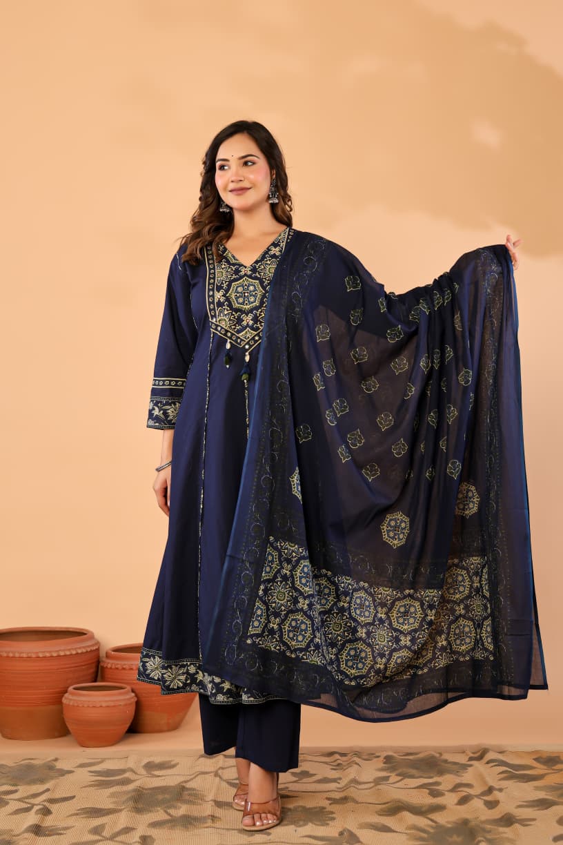 Navy Blue Cotton Anarkali Kurta Set with Printed Dupatta
