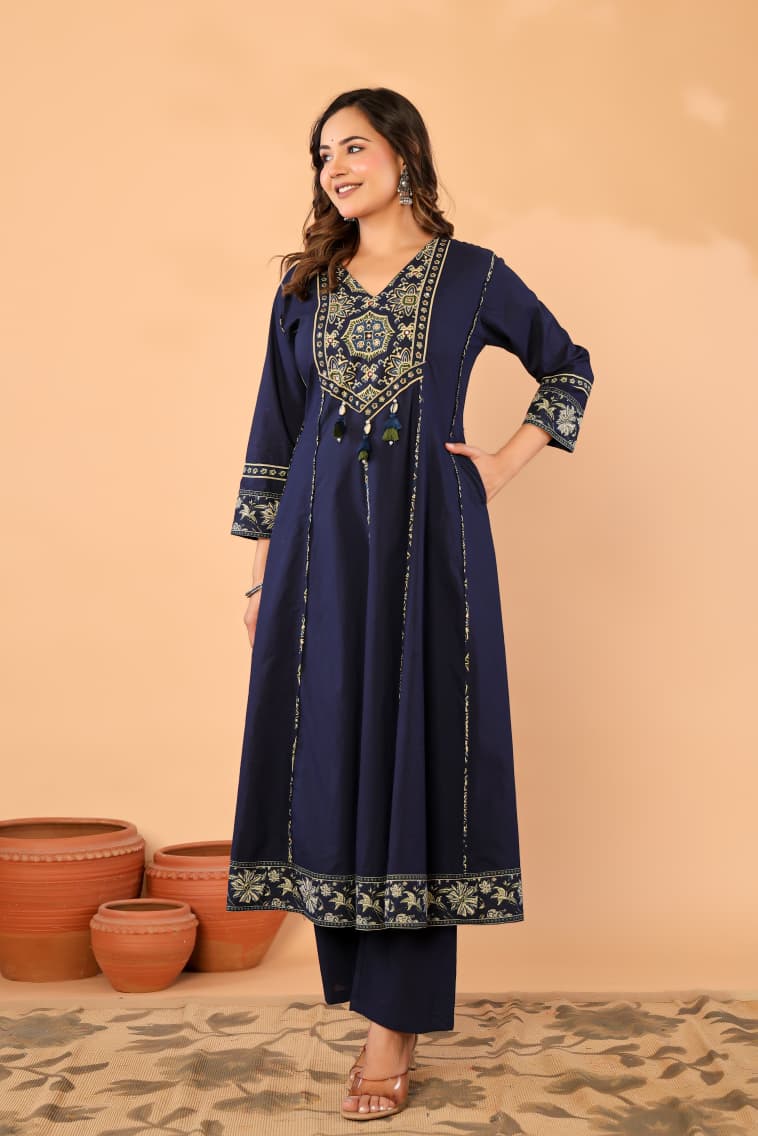 Navy Blue Cotton Anarkali Kurta Set with Printed Dupatta