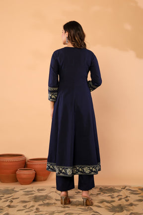 Navy Blue Cotton Anarkali Kurta Set with Printed Dupatta