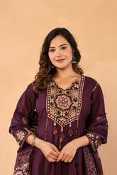 Purple Cotton Anarkali Kurta Set with Printed Dupatta