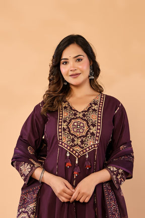 Purple Cotton Anarkali Kurta Set with Printed Dupatta