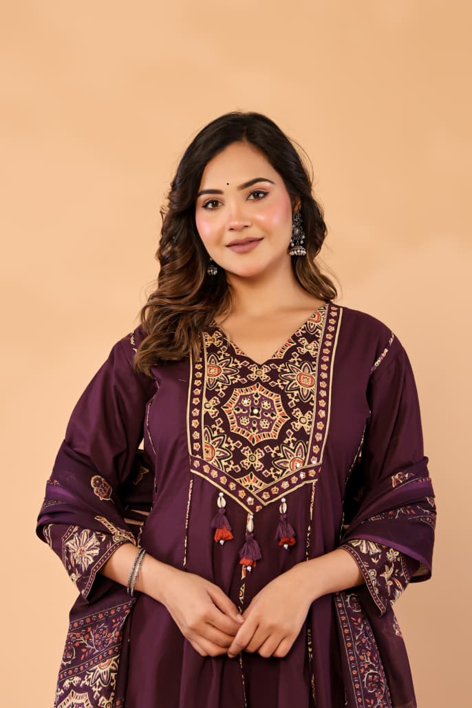Purple Cotton Anarkali Kurta Set with Printed Dupatta