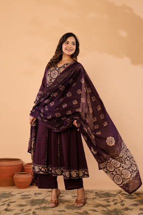 Purple Cotton Anarkali Kurta Set with Printed Dupatta