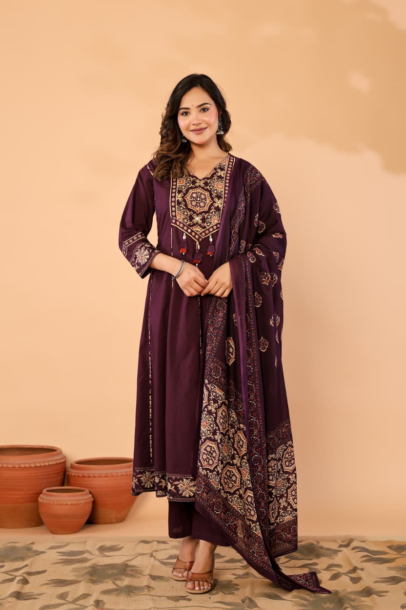 Purple Cotton Anarkali Kurta Set with Printed Dupatta