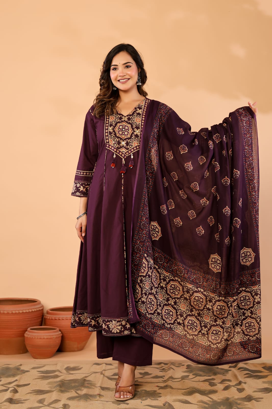 Purple Cotton Anarkali Kurta Set with Printed Dupatta