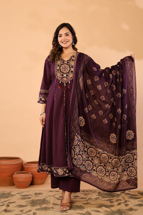 Purple Cotton Anarkali Kurta Set with Printed Dupatta
