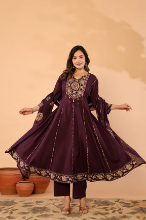 Purple Cotton Anarkali Kurta Set with Printed Dupatta