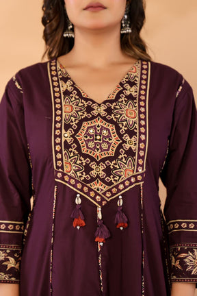 Purple Cotton Anarkali Kurta Set with Printed Dupatta