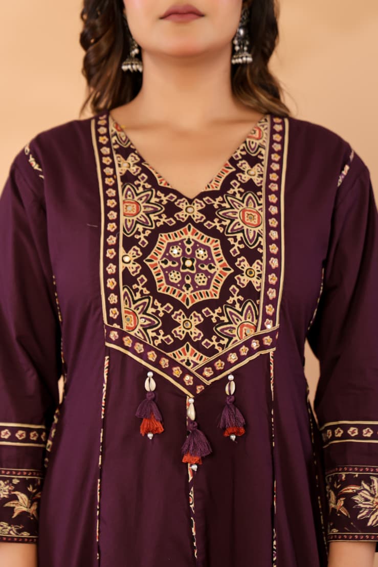 Purple Cotton Anarkali Kurta Set with Printed Dupatta