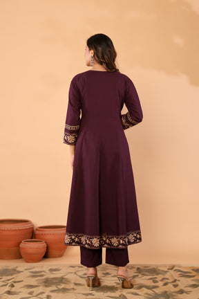 Purple Cotton Anarkali Kurta Set with Printed Dupatta
