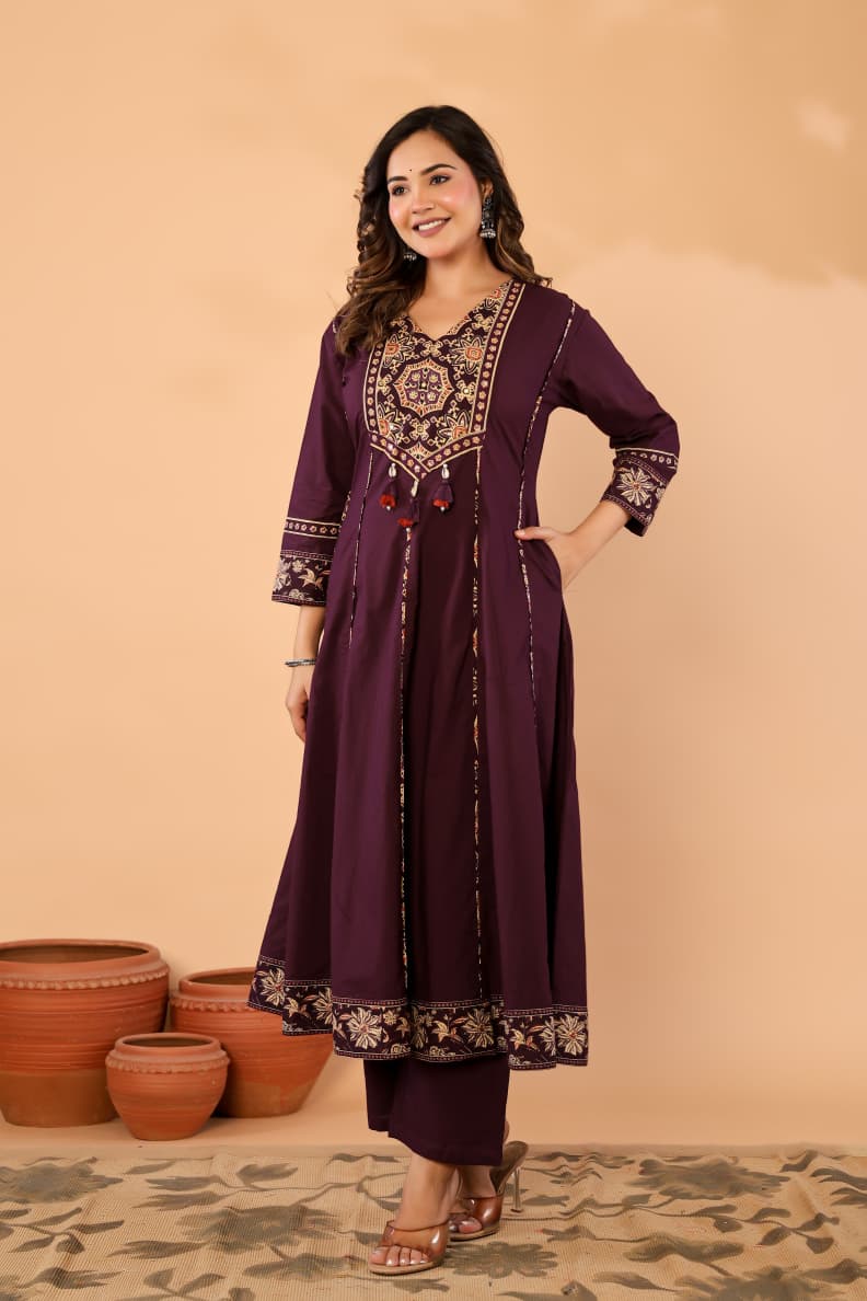 Purple Cotton Anarkali Kurta Set with Printed Dupatta