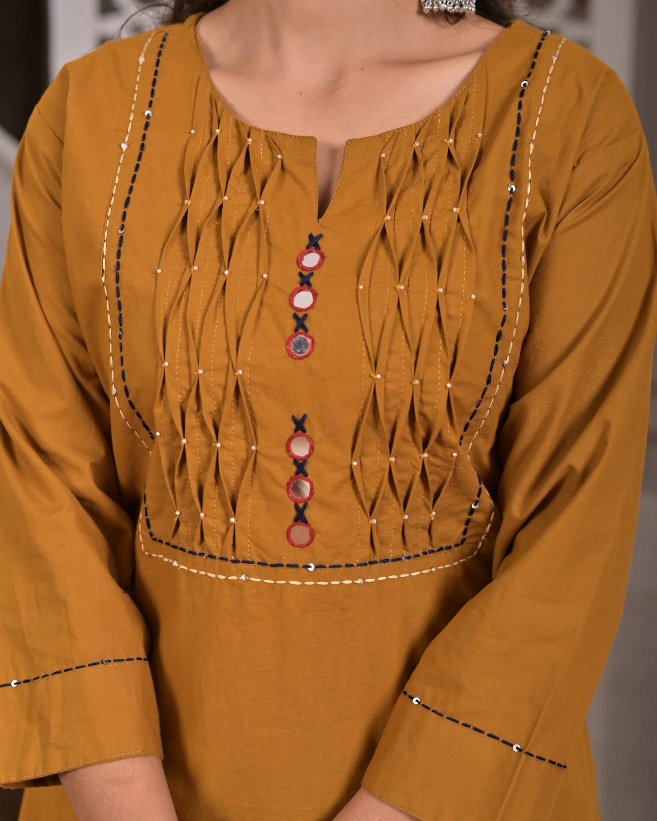 Mustard Cotton Straight Kurta Set with Geometric Printed Dupatta