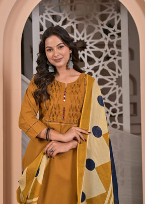 Mustard Cotton Straight Kurta Set with Geometric Printed Dupatta