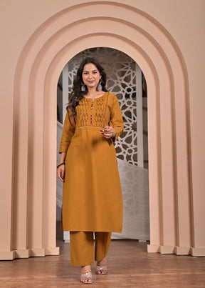Mustard Cotton Straight Kurta Set with Geometric Printed Dupatta