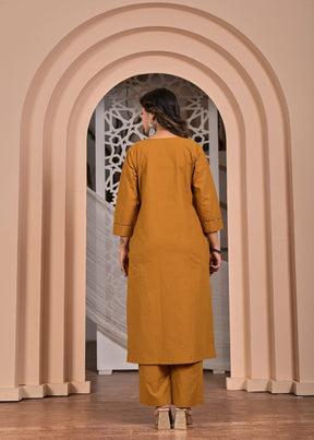 Mustard Cotton Straight Kurta Set with Geometric Printed Dupatta