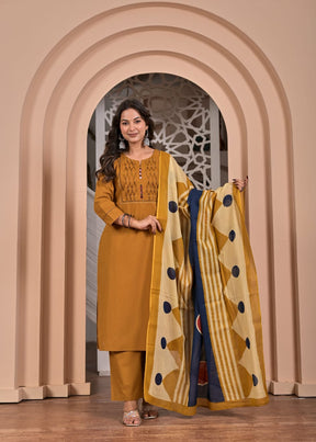 Mustard Cotton Straight Kurta Set with Geometric Printed Dupatta