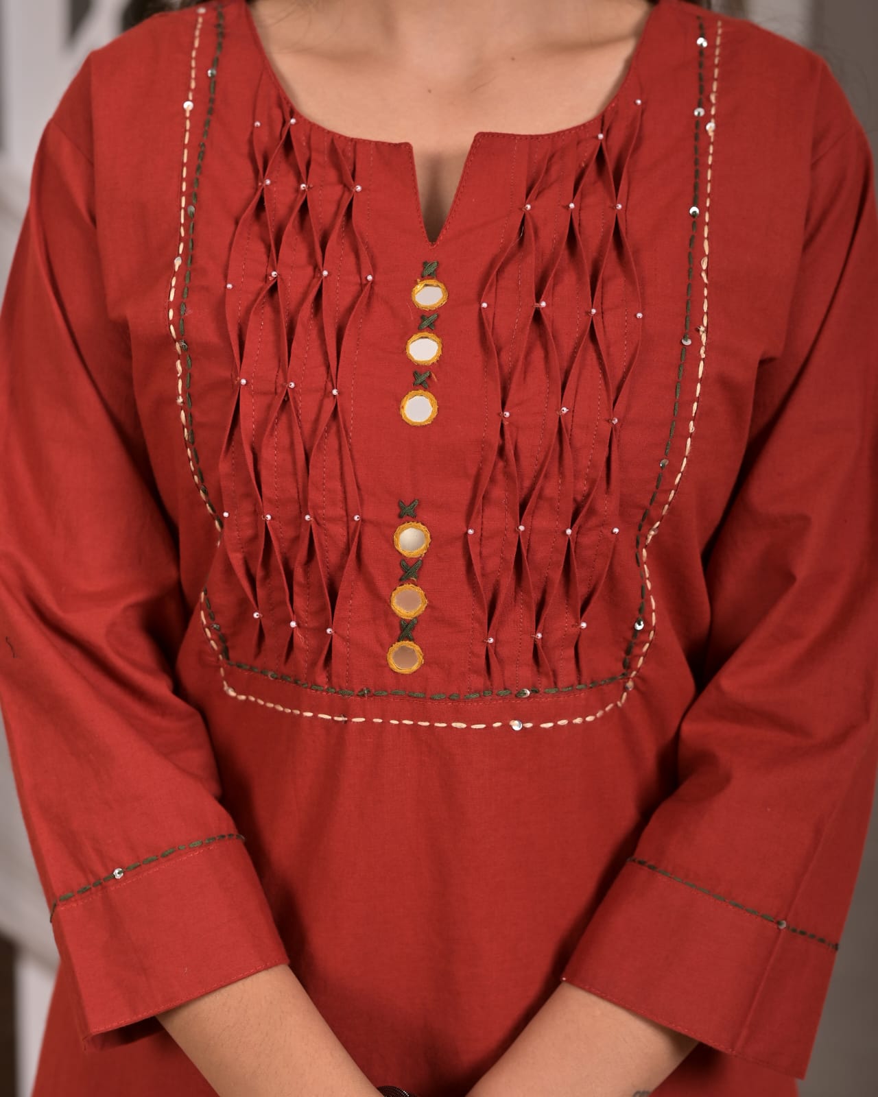 Red Cotton Straight Kurta Set with Geometric Printed Dupatta