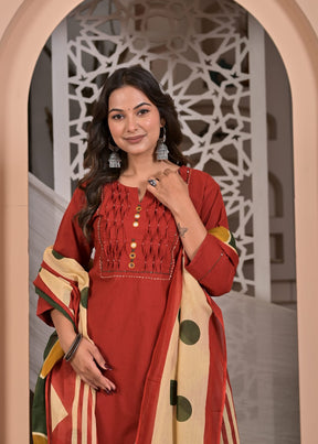 Red Cotton Straight Kurta Set with Geometric Printed Dupatta