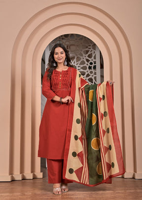 Red Cotton Straight Kurta Set with Geometric Printed Dupatta