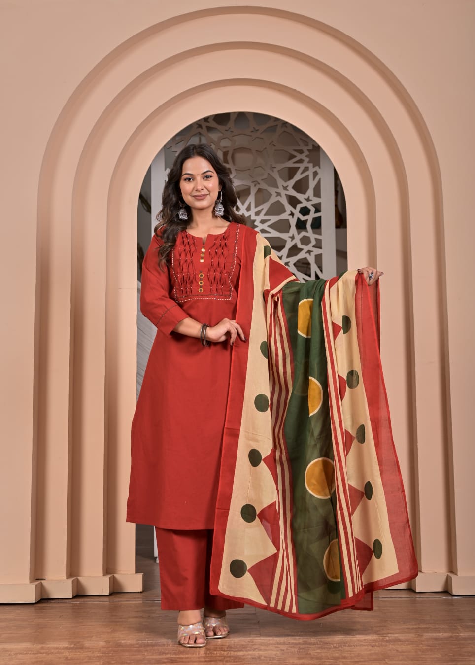 Red Cotton Straight Kurta Set with Geometric Printed Dupatta