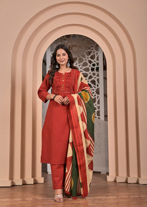Red Cotton Straight Kurta Set with Geometric Printed Dupatta